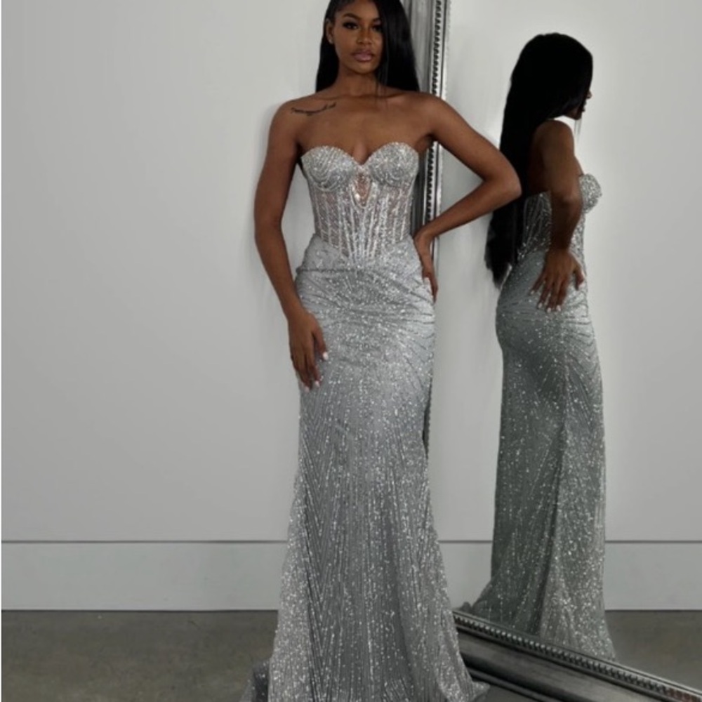 Elegant Silver Strapless Evening Gown